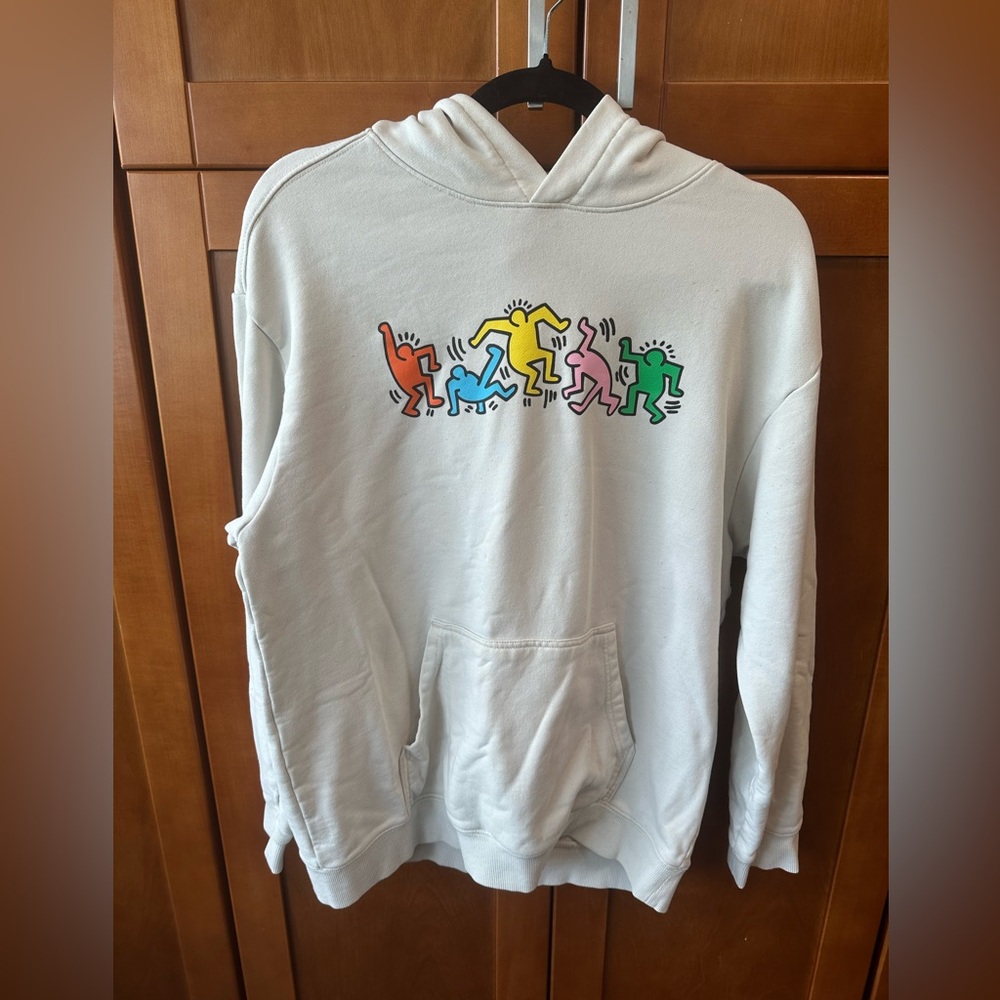 H&M Cream Hoodie with Multicolor Keith Haring Graphic